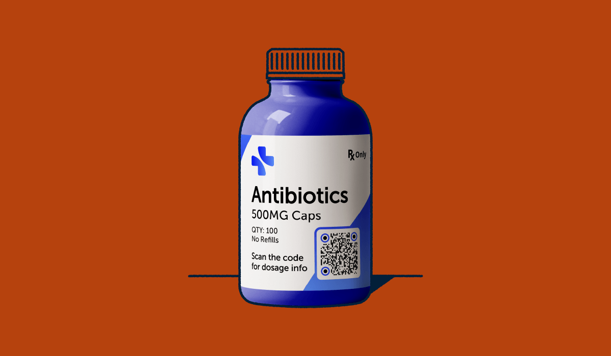 A blue antibiotics bottle with a QR Code on the label.