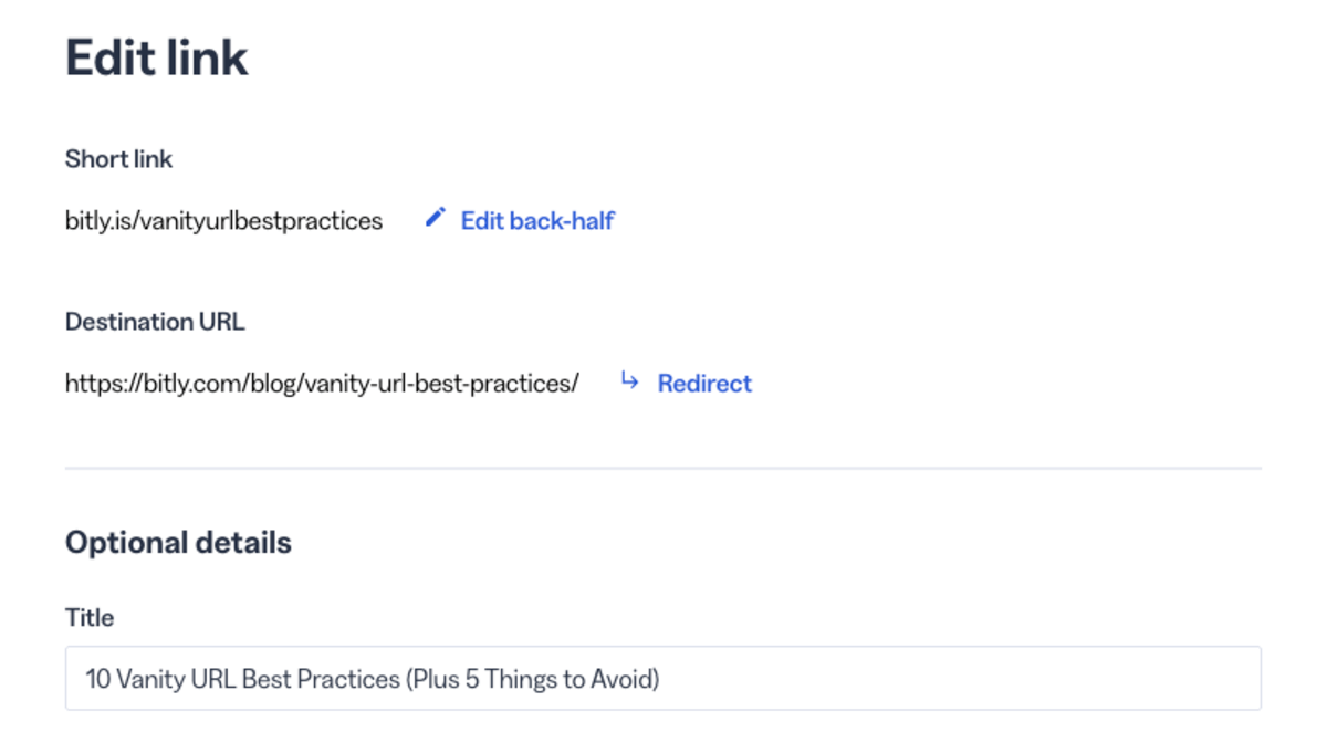 Bitly link editor interface showing customization options for a vanity URL. The form displays the short link 'bitly.is/vanityurlbestpractices' with an 'Edit back-half' button, destination URL 'https://104.248.155.97/blog/vanity-url-best-practices/' with a 'Redirect' option, and optional details section with title field containing '10 Vanity URL Best Practices (Plus 5 Things to Avoid)'.
