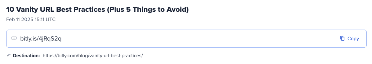 Bitly link checker results showing a shortened URL 'bitly.is/4jRqS2q' with copy button and its destination URL 'https://104.248.155.97/blog/vanity-url-best-practices/' for an article titled '10 Vanity URL Best Practices (Plus 5 Things to Avoid)' published on Feb 11, 2025.