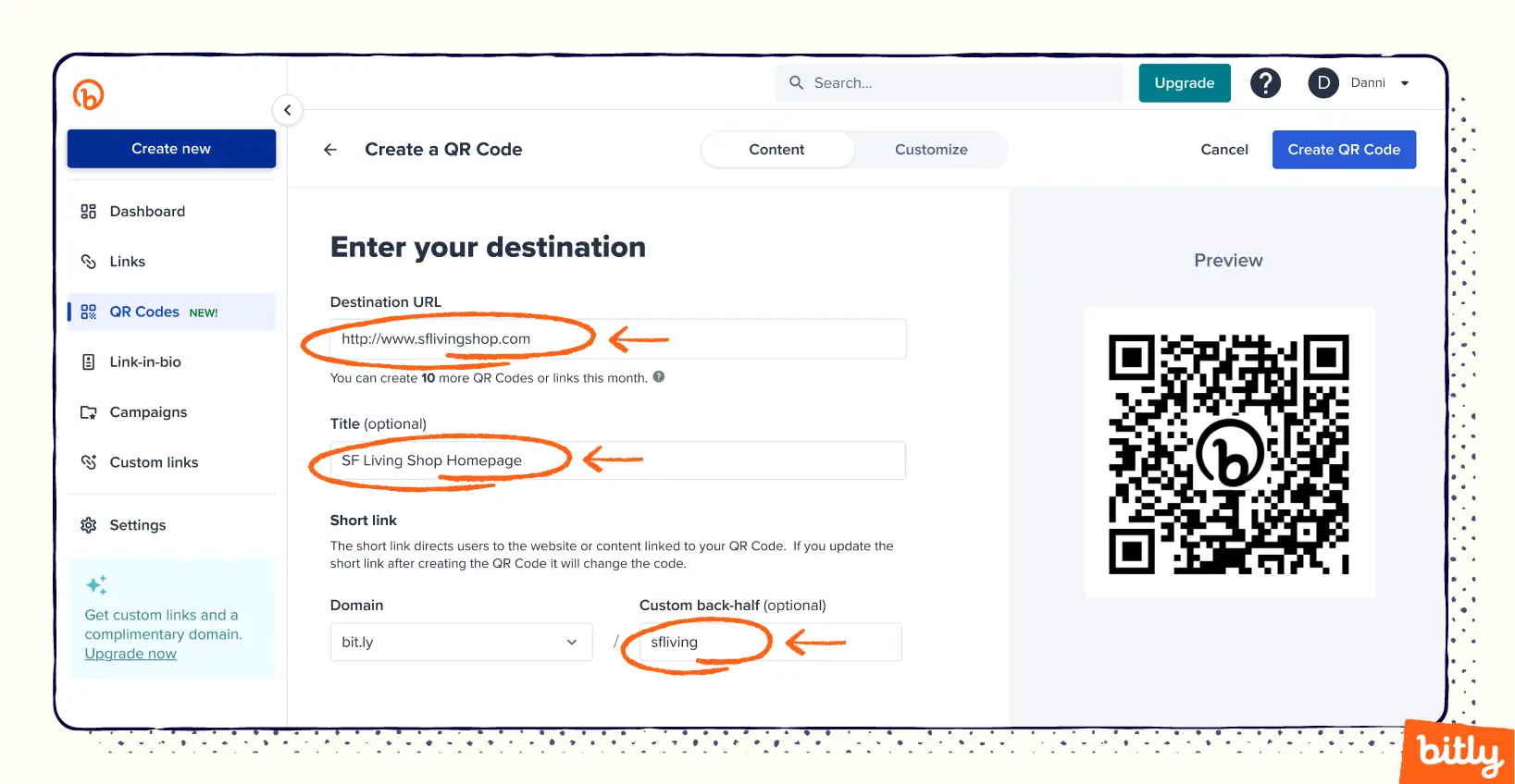 The creation process of making a QR Code in the Bitly app.