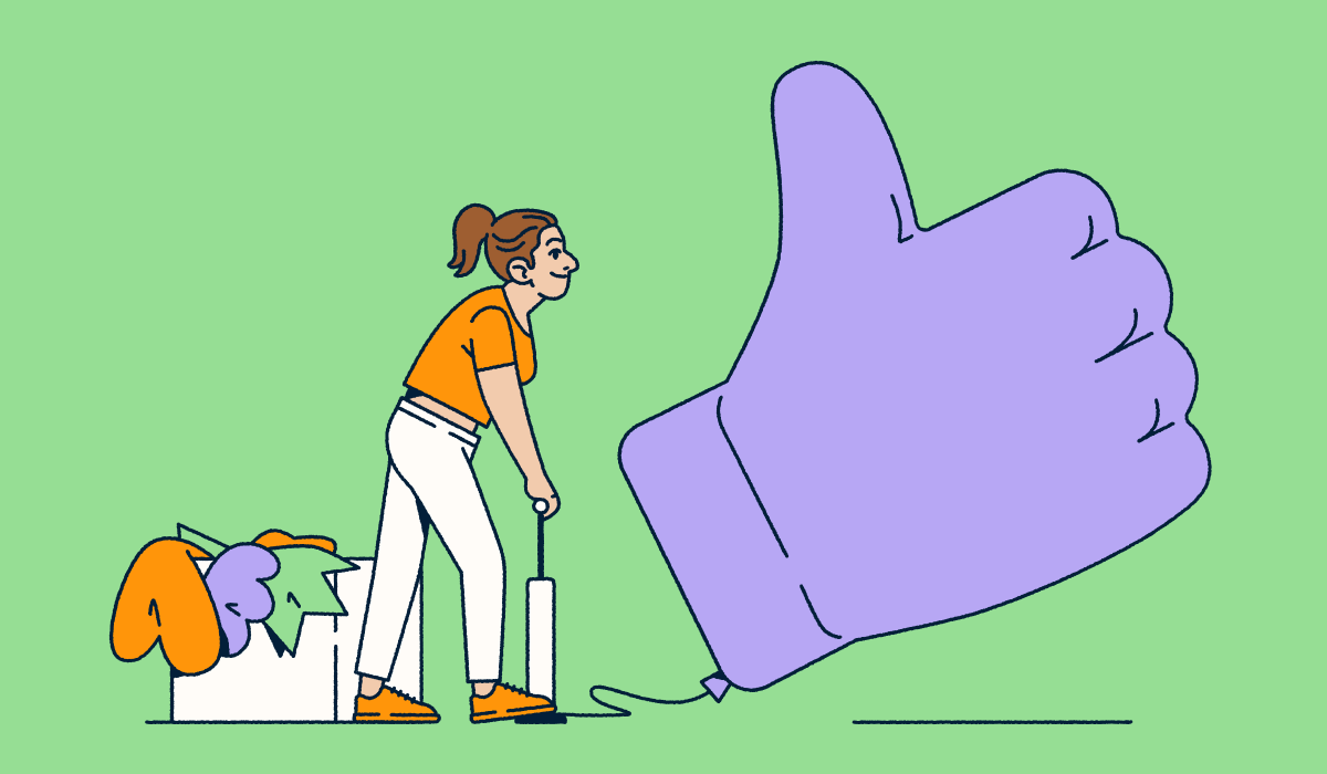 An image of a woman inflating a thumbs up balloon.