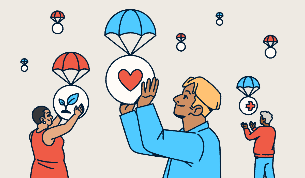 Diverse volunteers supporting nonprofit causes with parachuting icons representing healthcare, environmental sustainability, and compassionate community services.